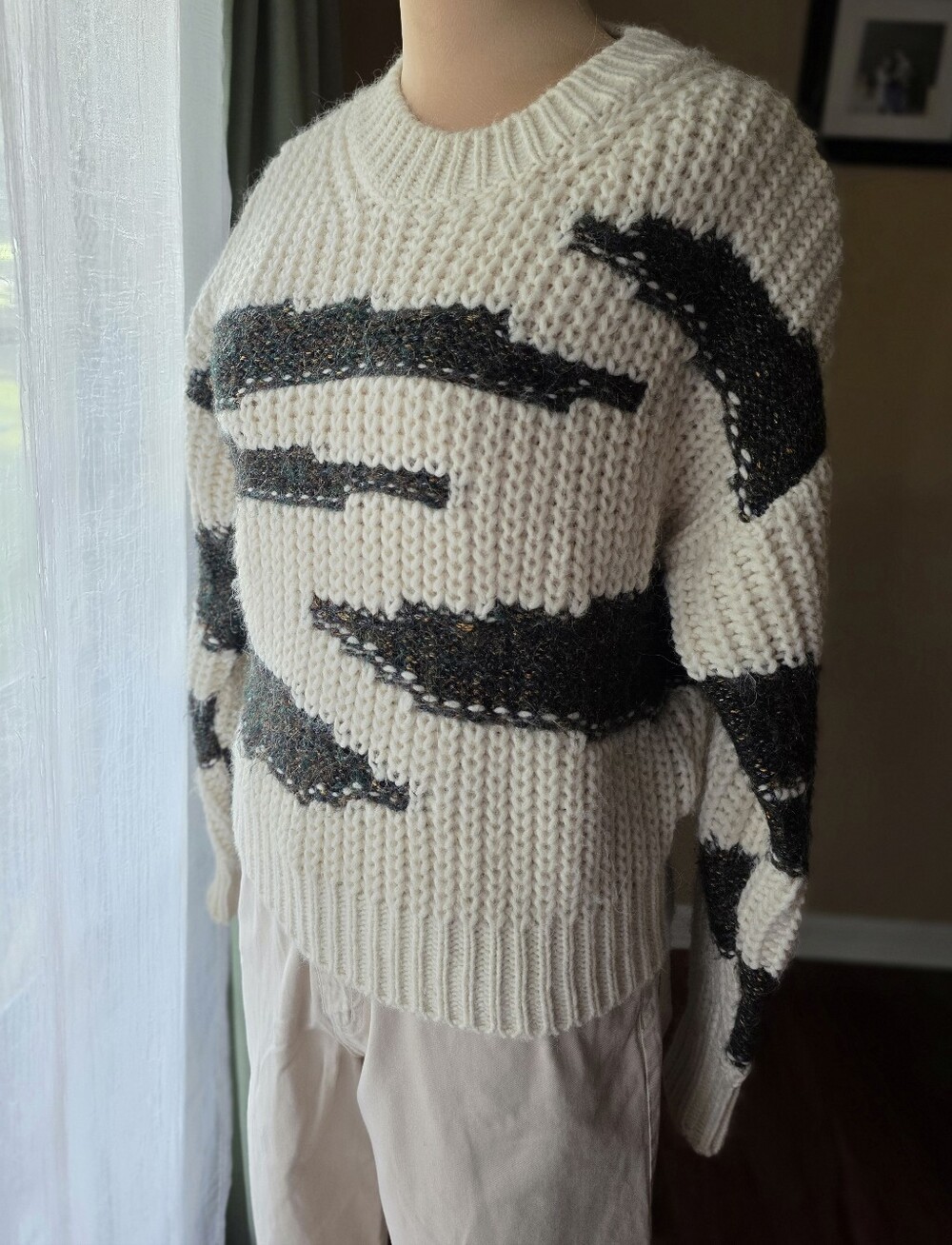 Ba&Sh Cacilie Cream Two-Tone Metallic Chunky Knit Sweater Small Designer Cozy